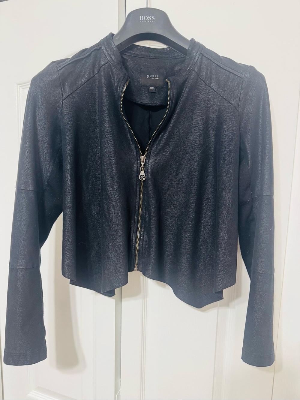 Guess Black Cropped Leather Zip-Front Moto Jacket
